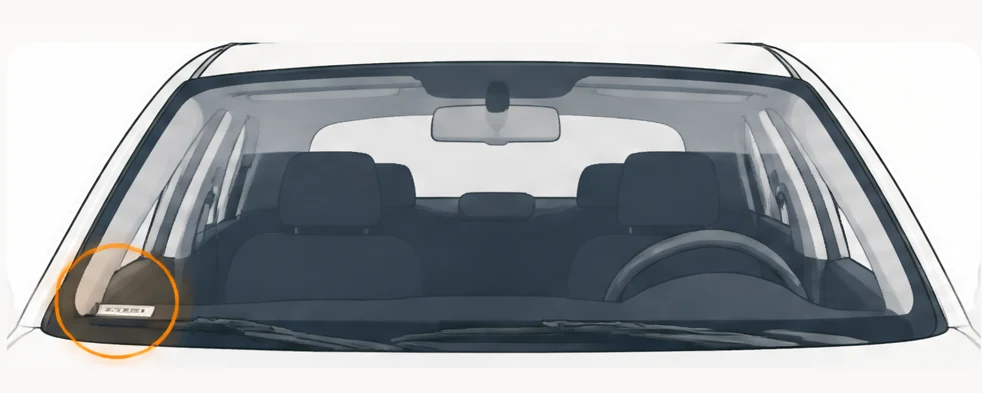 Illustration of a car dashboard viewed through the windshield, with the driver’s-side VIN plate highlighted at the lower corner