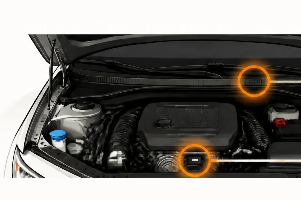 Open engine bay with the VIN locations on the firewall and engine block highlighted