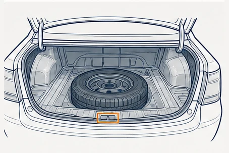 Illustration of an open trunk and spare-tire well with the VIN stamp location highlighted