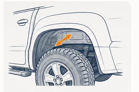 Illustration of a rear wheel arch with the VIN stamp location on the inner frame highlighted