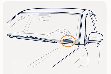 Illustration showing the VIN plate at the lower driver’s-side corner of the windshield