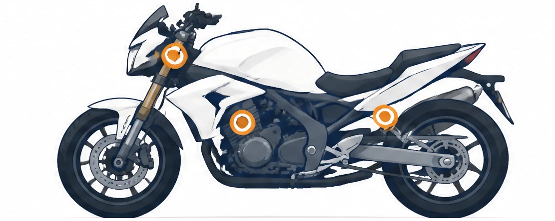 Illustration of a motorcycle with common VIN locations highlighted on the steering neck, engine case, and frame
