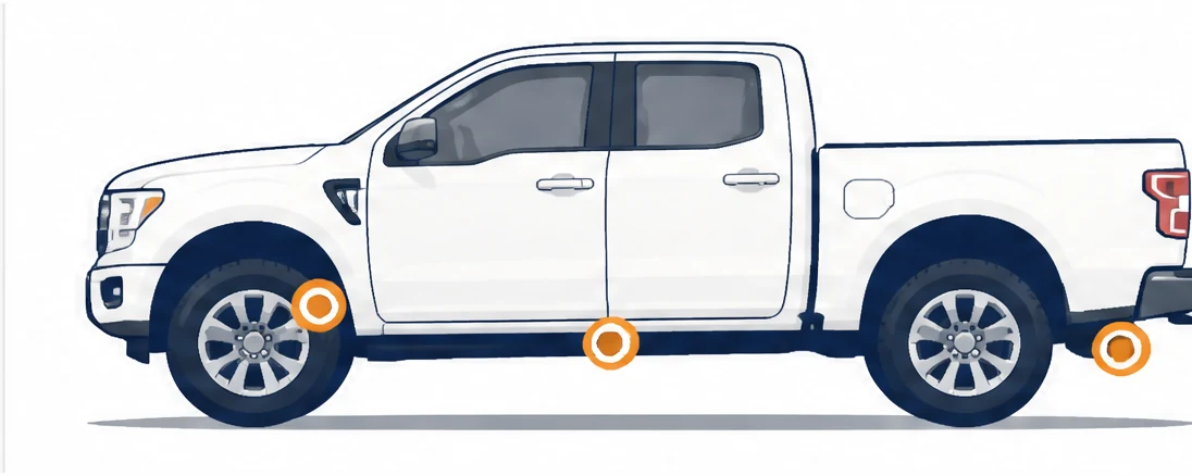 Illustration of a pickup truck with common VIN stamp locations highlighted along the driver's-side frame rail and under the bed